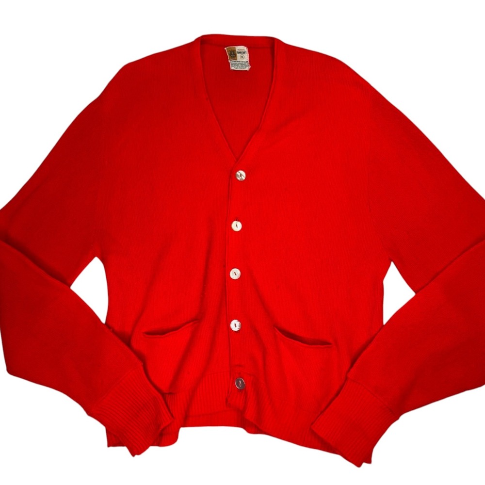 Vintage 70s Penneys Towncraft Red Cardigan Sweater Unisex XL Acrylic Grandpa USA